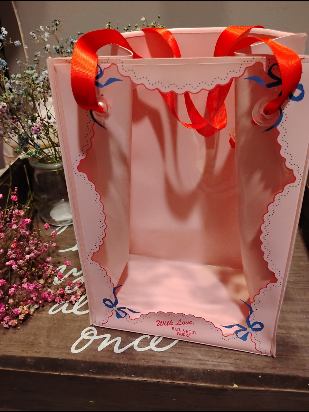 Bath & Body Works Pink Gift Bag with Red Handles and Blue Trim
